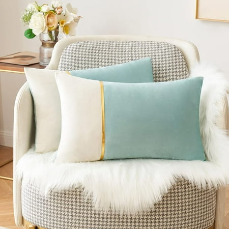 

MIULEE Pack of 2 Decorative Patchwork Velvet Throw Pillow Covers with Gold Leather Square Soft Solid Pillowcases Couch Pillows Covers for Bed Sofa Living Room 16x16 Aqua Green