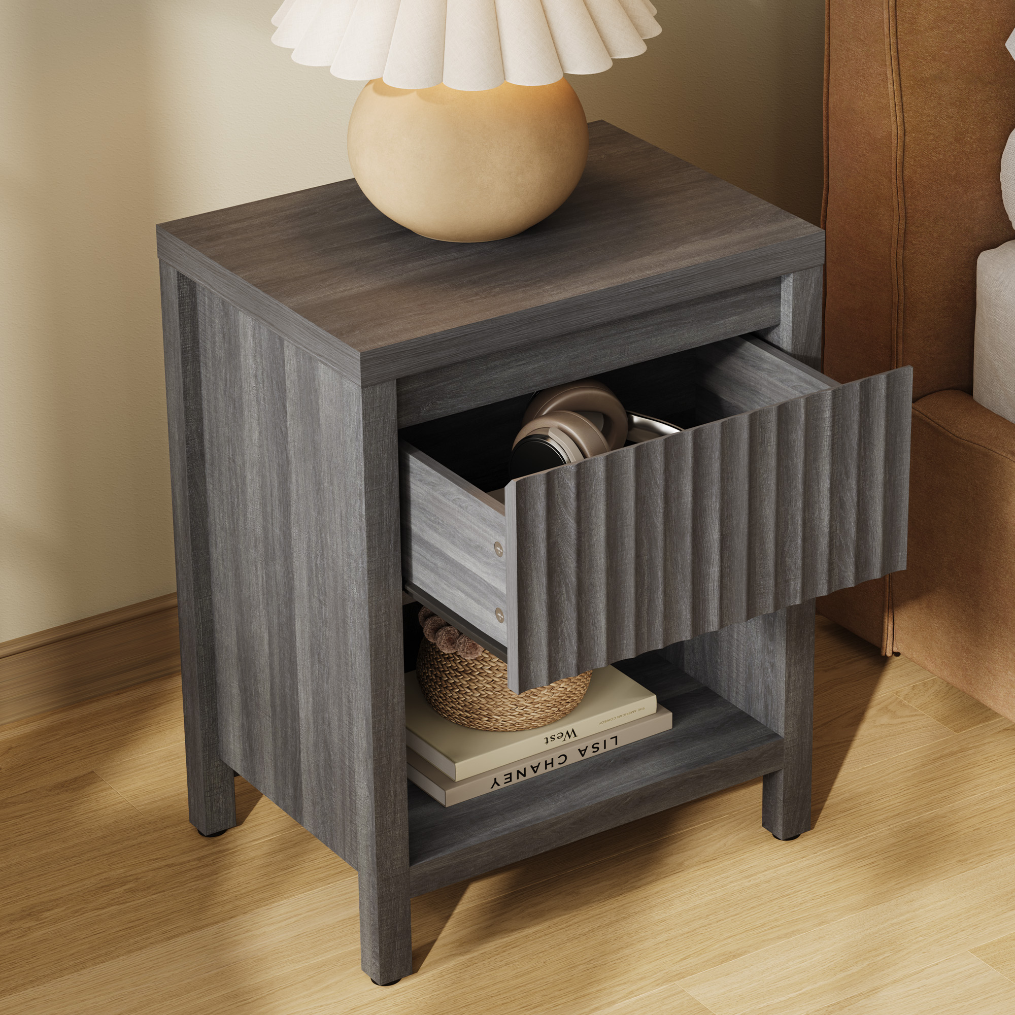 SICOTAS 26" Tall Farmhouse Nightstand Set of 2 with Drawer, Modern Beside Table with Minimalist Fluted Design & Handle-Less Storage Engineered Wood Bed Side Table for Bedroom, Black Oak