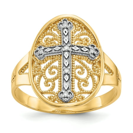 - 14k Yellow White Gold Diamond Filigree Cross Religious Band Ring Size 7.50 Fine Jewelry For Women Gift Set