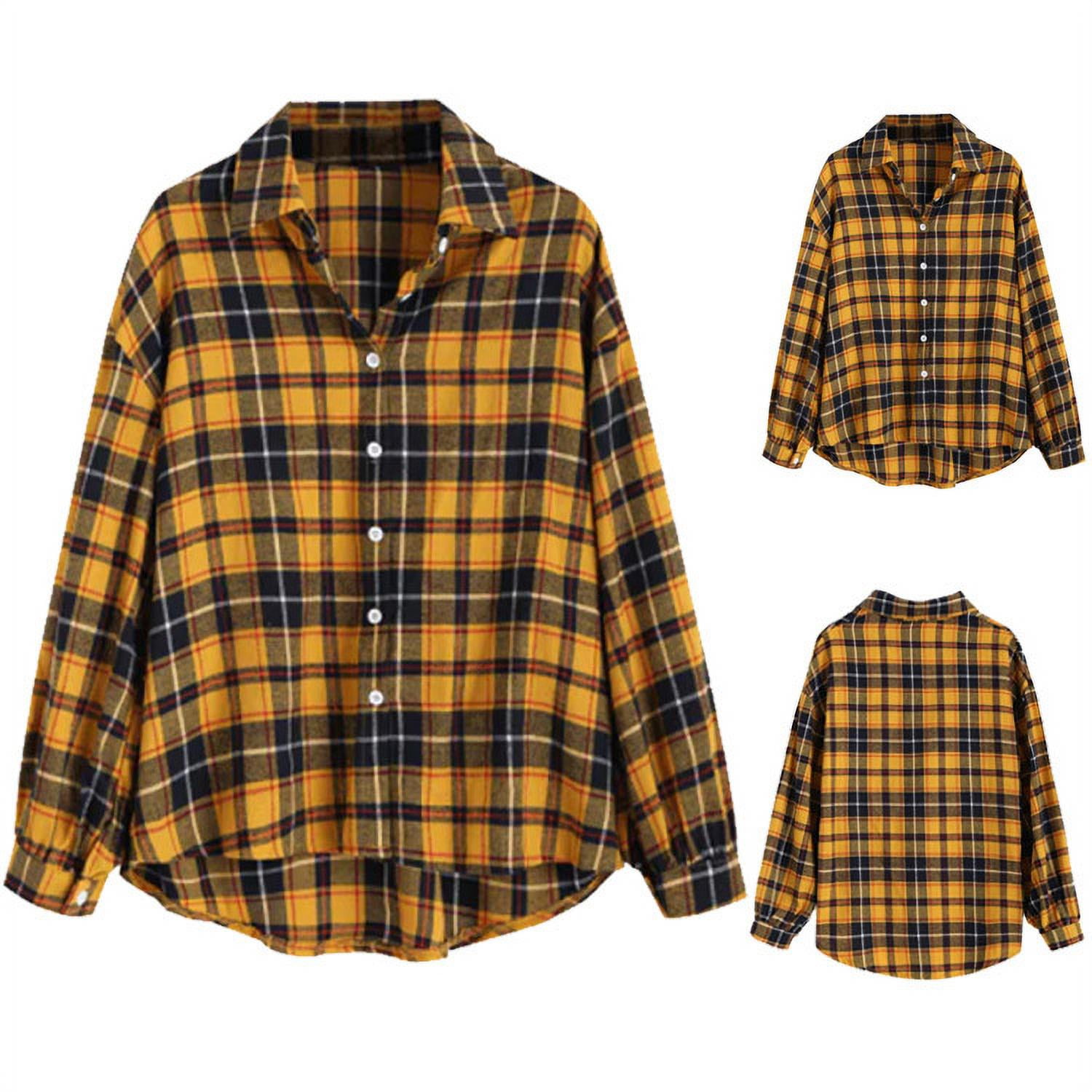 最低価格の Sleeve Long Outfmvch Shirts Yellow Tops Womens  S Shirt Button Plaid Black and Yellow Women for トップス