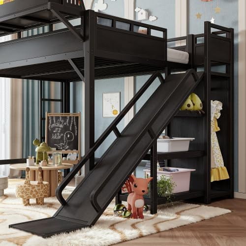 Full Size Metal Loft Bed Frame with Slide, Storage Shelves & Built-in Wardrobe, Black