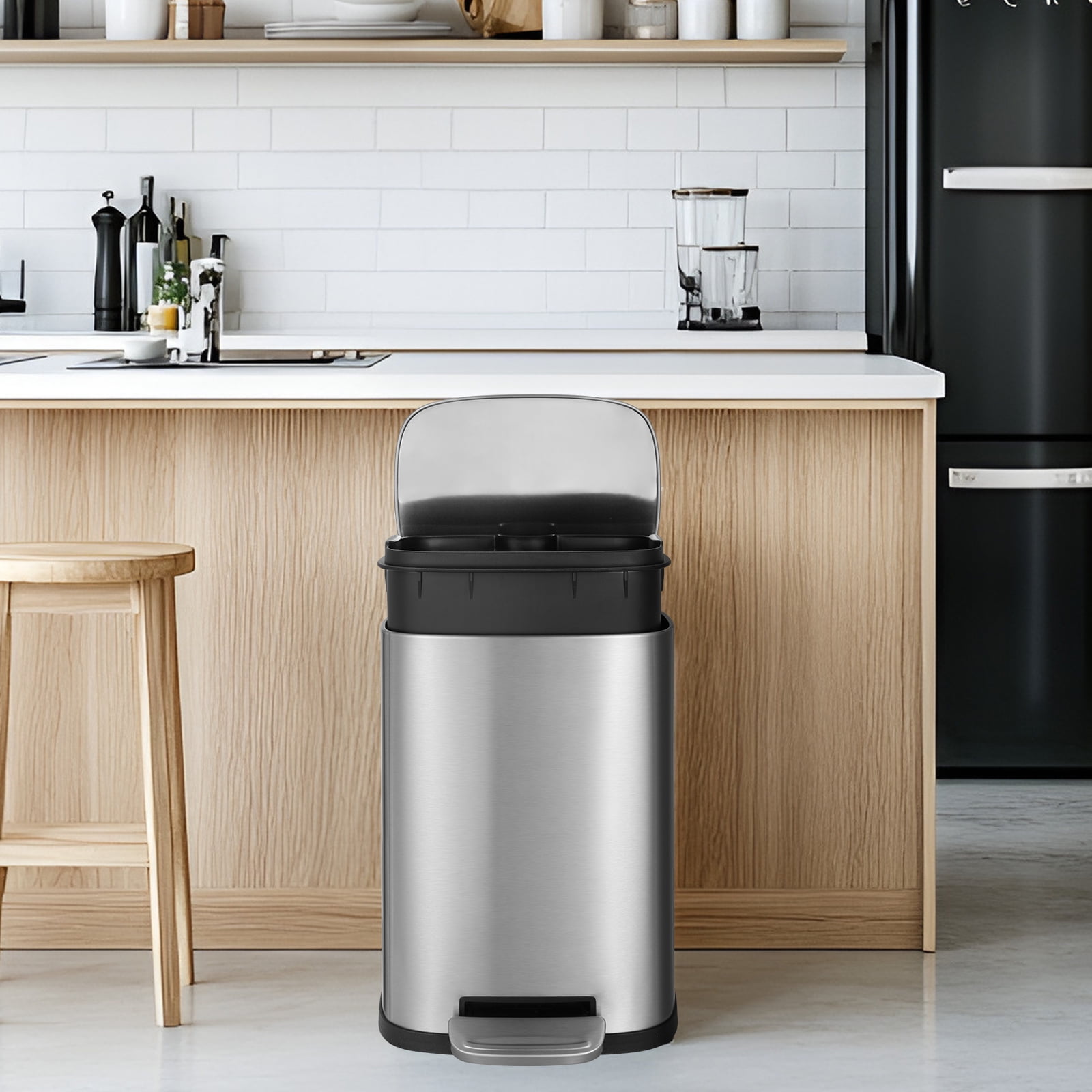 TLSUNNY 13.2 + 1.3 Gallon Kitchen Trash Can Combo, Stainless Steel Step Trash Can Set with Soft-Close Lid & Inner Bucket, for Home / Office