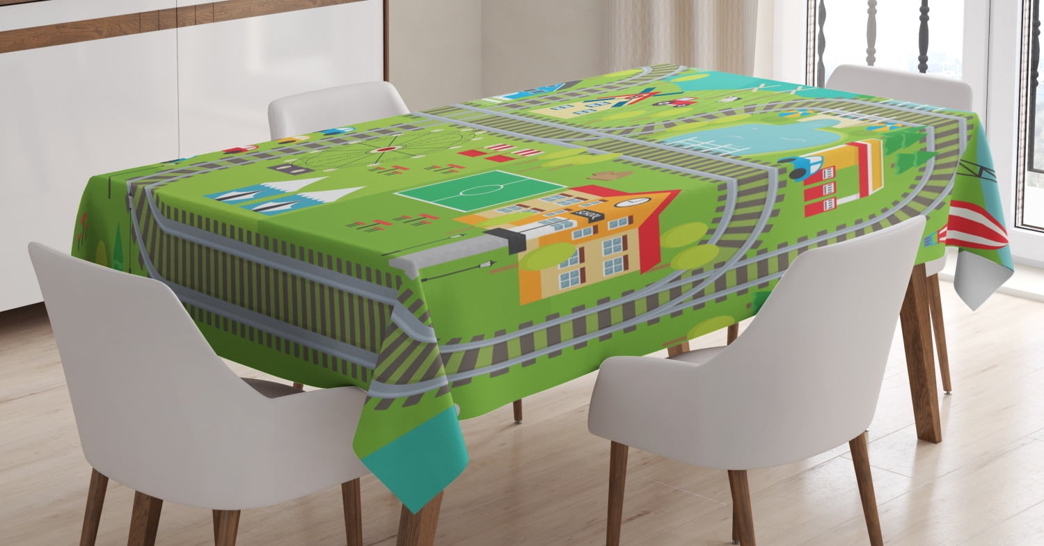 Kid's Activity Tablecloth, Train Tracks with Colorful Town School City