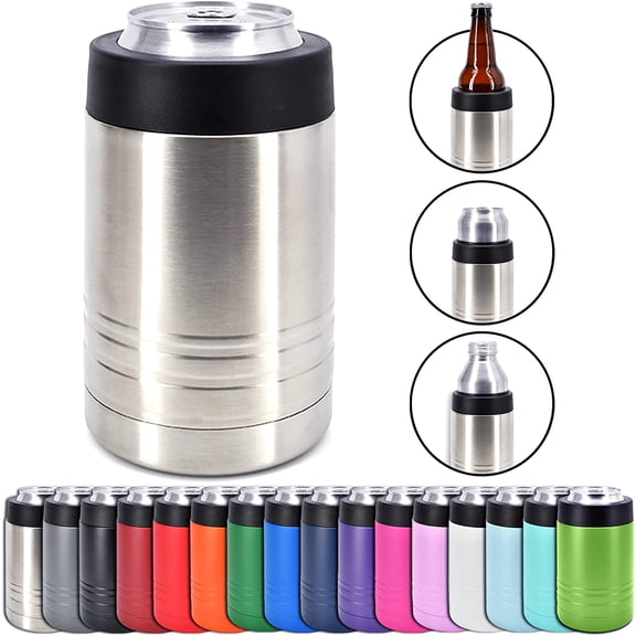4-in-1 Stainless Steel 12 oz Double Wall Vacuum Insulated Can or Bottle Cooler Keeps Beverage Cold for Hours - Also Fits 16 oz Cans - Stainless Steel -