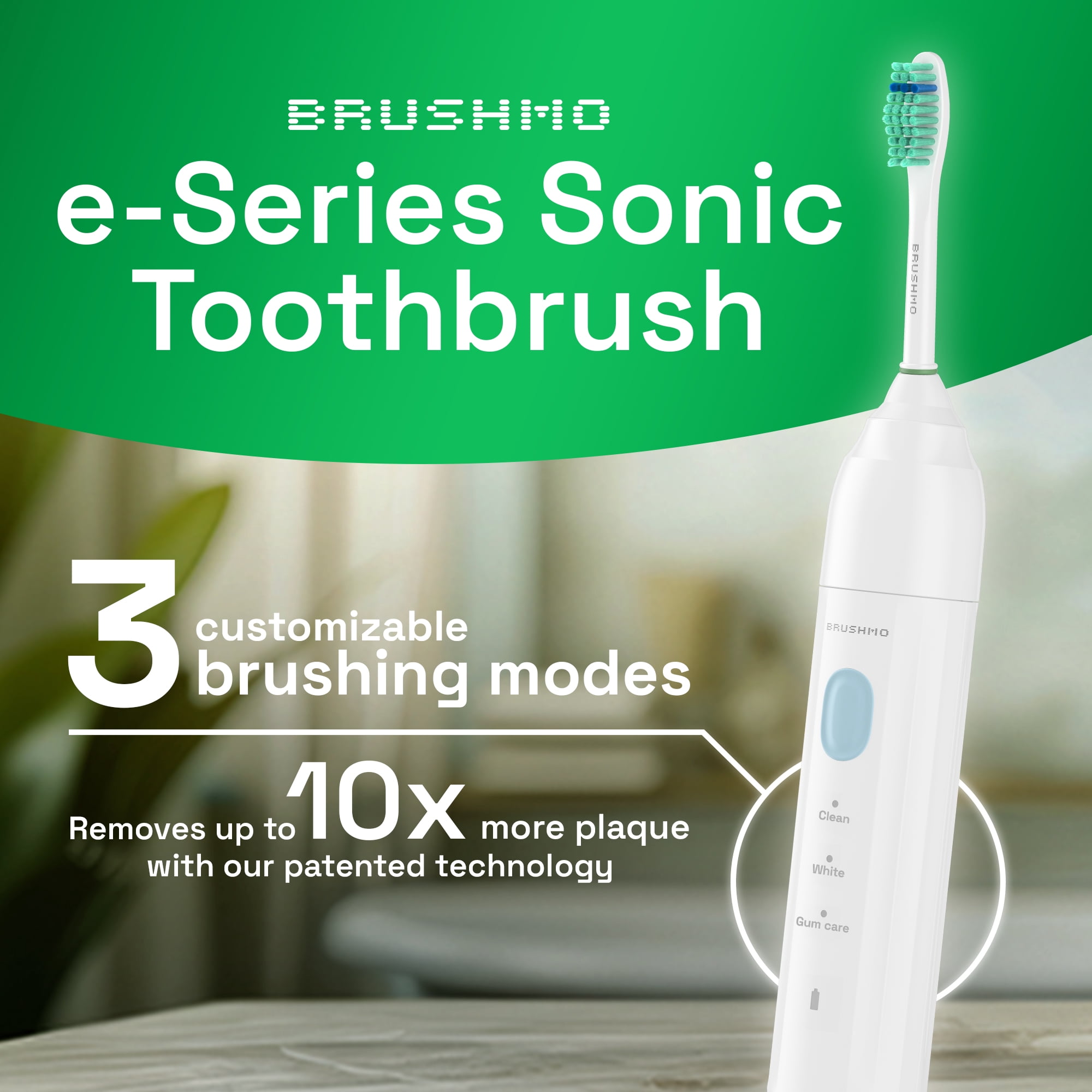 Brushmo e-Series Sonic Electric Toothbrush, Rechargeable Toothbrush with 3 Modes, 2-Min Timer, 30-Day Battery, Charging Base, White
