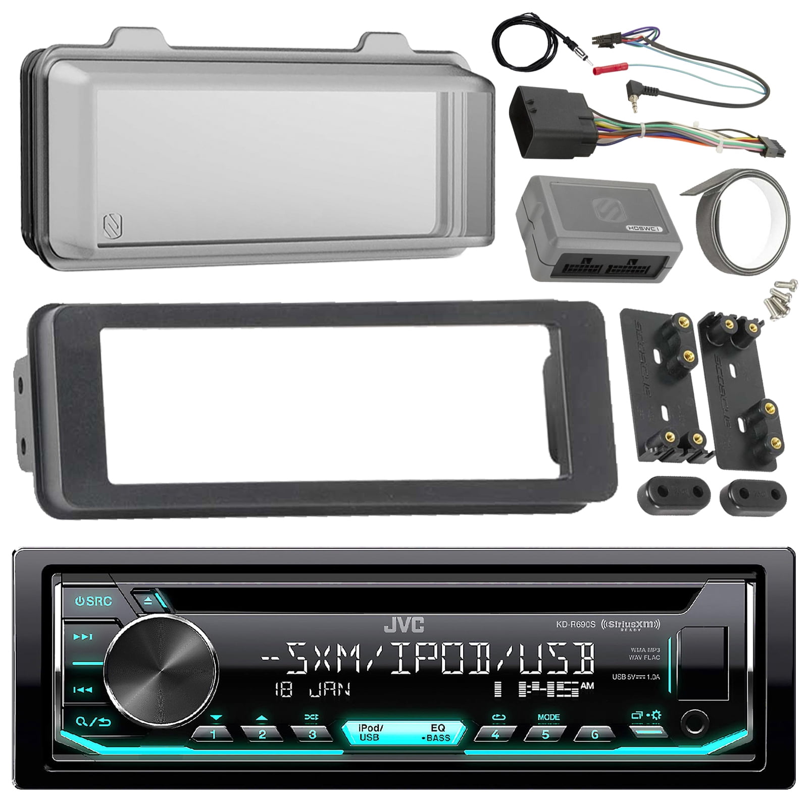JVC KDR690S Stereo CD Receiver Marine Radio Bundle, 1998 2013 Harley  Davidson Touring Flht Flhx Flhtc + Adapter Dash Kit + Handle Bar Control  Module + ...