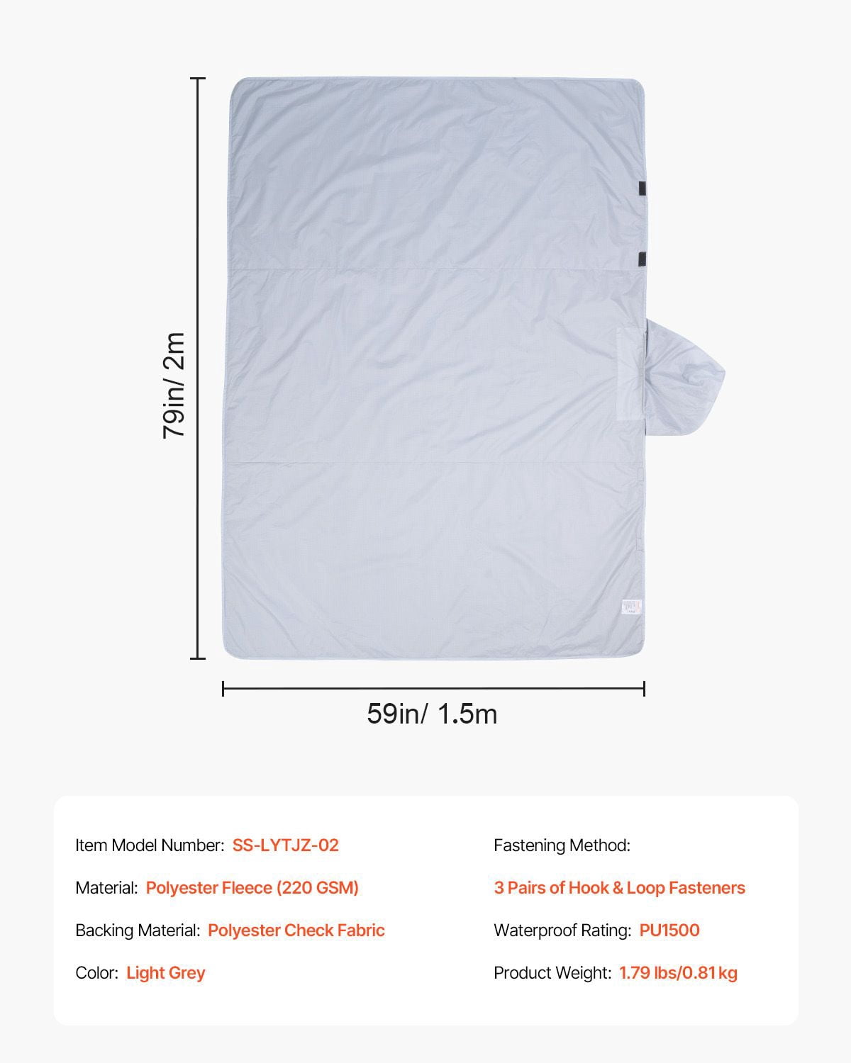 Wearable Camping Blanket 79x59 Inch, PU1500 Waterproof Polyester, 220GSM Fleece Inner, Lightweight 1.79 lbs, 6 Hook and Loop Fasteners for Outdoor Cloak Travel
