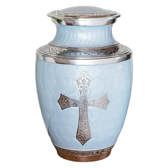Serene Repose: Embossed Cross Metal Cremation Urn