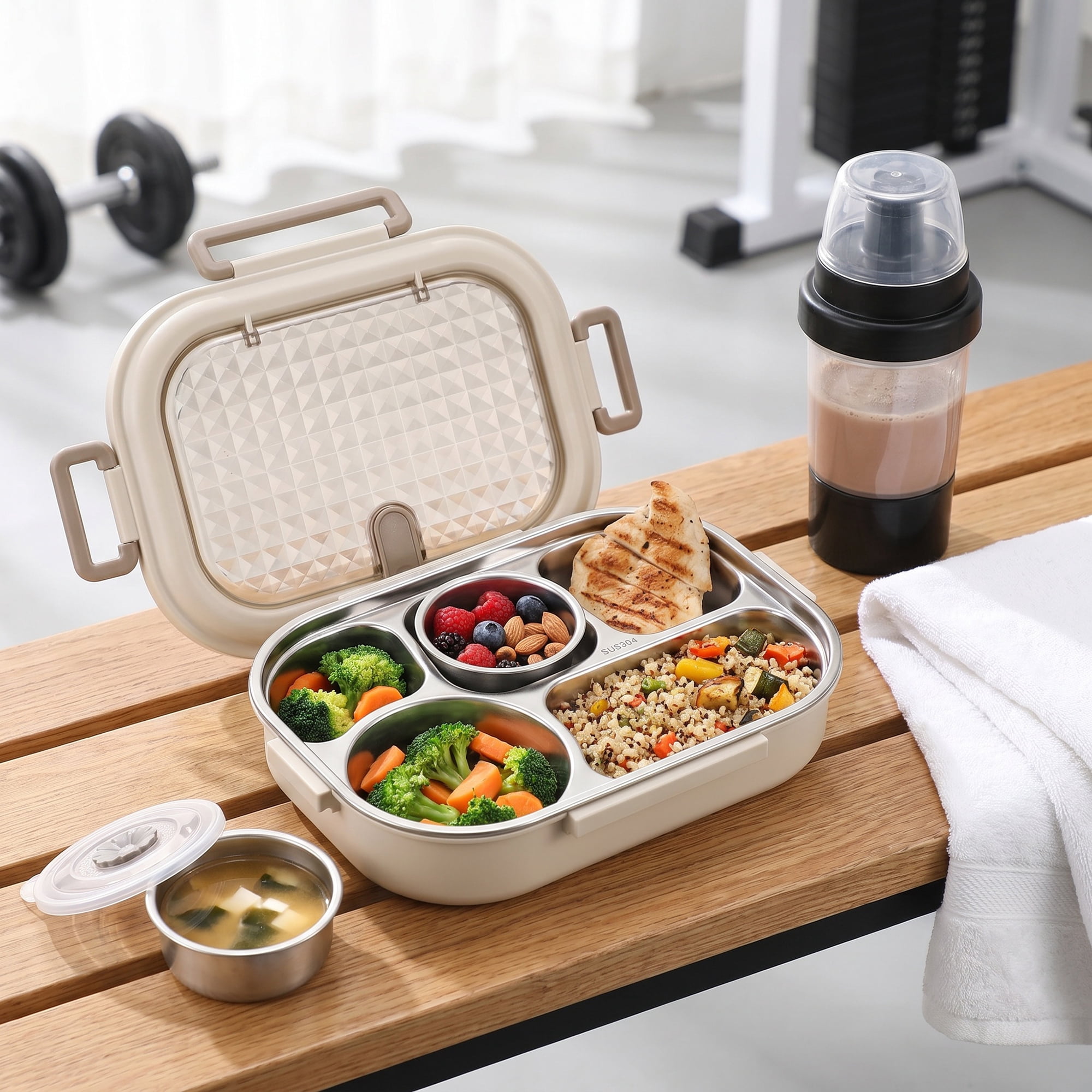 Unique Bargains Leak-Proof Meal Lunch Bento Box with Stainless Steel Light Brown-5