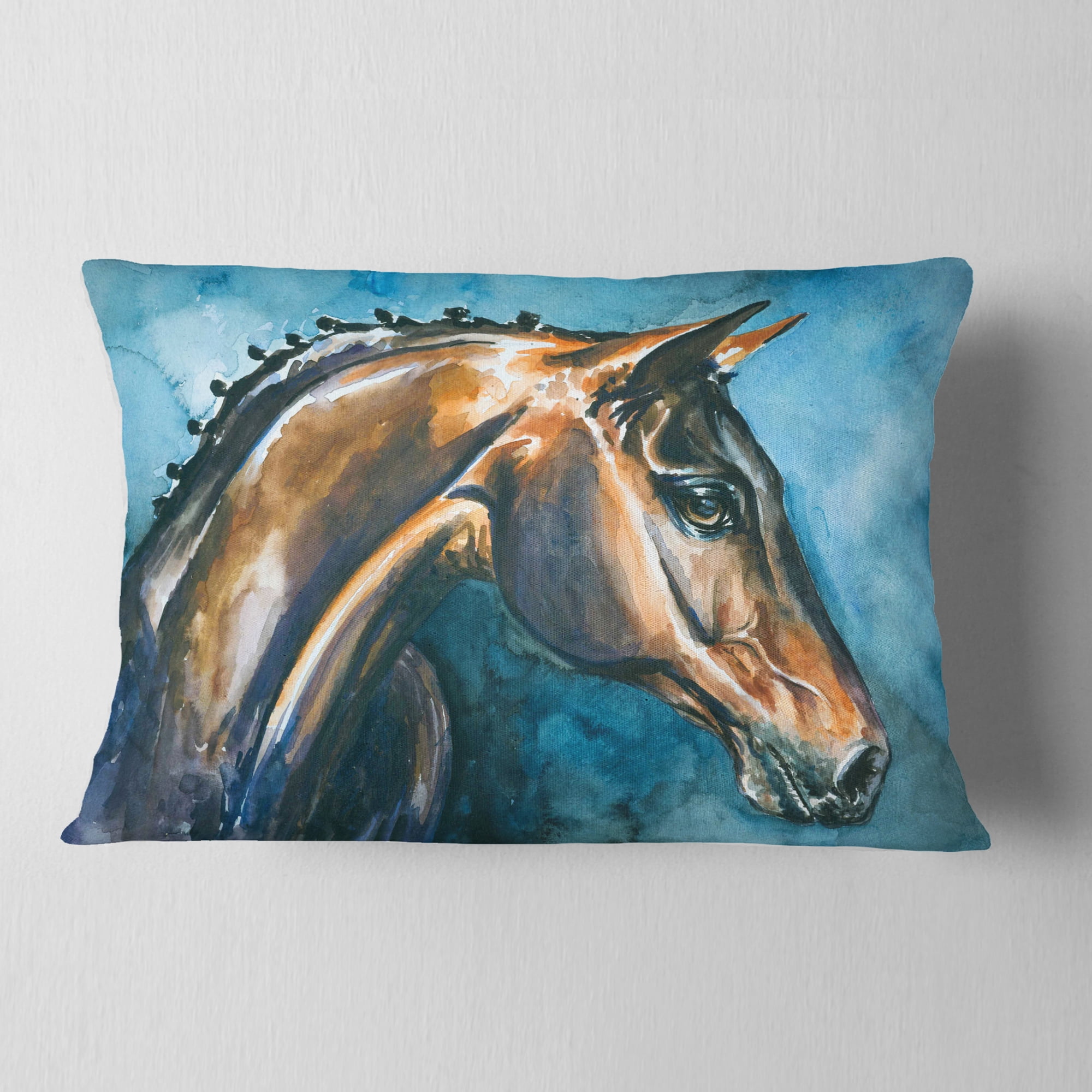 Designart Brown Horse on Blue Watercolor - Abstract Throw Pillow - 12x20