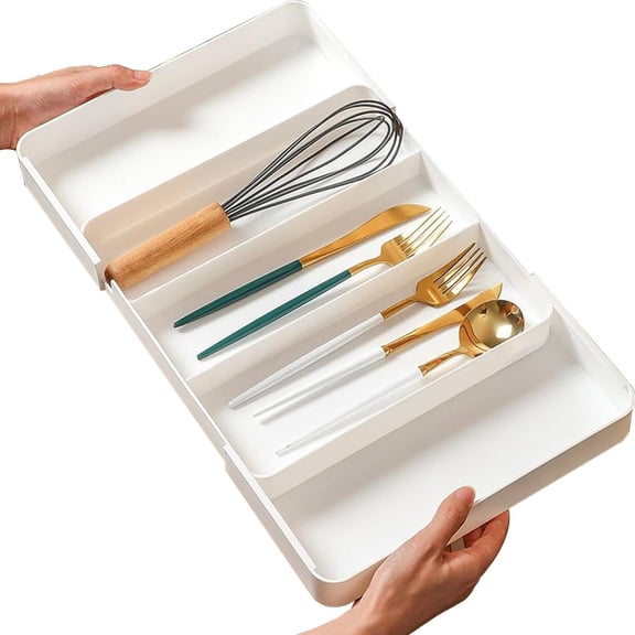 FT Hita Expandable Kitchen Cutlery Drawer Organizer, Adjustable Plastic Storage Tray, Multi-Purpose Storage for Kitchen Utensils, Office Stationery & Makeup Brushes, White