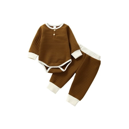 

Canrulo Infant Baby Boy Fall Winter Clothes Solid Long Sleeve Sweatshirt Romper+Pants 2Pcs Outfits Brown 0-6 Months