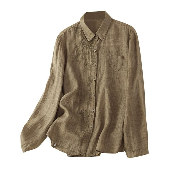 JUUYY Women's Embroidery Style Blouses Shirts Long Sleeve Cotton Linen Clothing Solid Color Breathable Clothes Khaki M