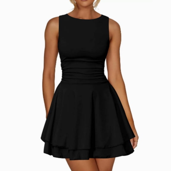 Women's Ruffle Hem Boat Neck Mini Dress Sleeveless Ruched Corset Short Party Dresses