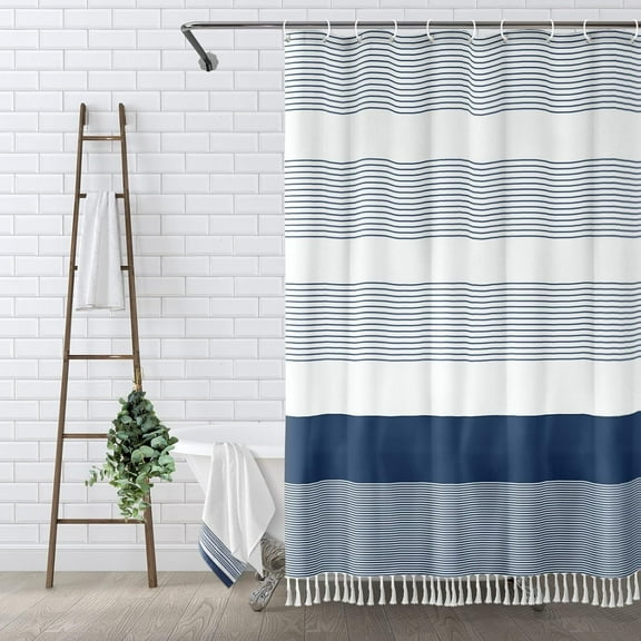 Psoiuetr Boho Navy Blue Shower Curtain for Bathroom Stripe Tassel Fabric Shower Curtain 72 X 72 Inches Farmhouse Linen