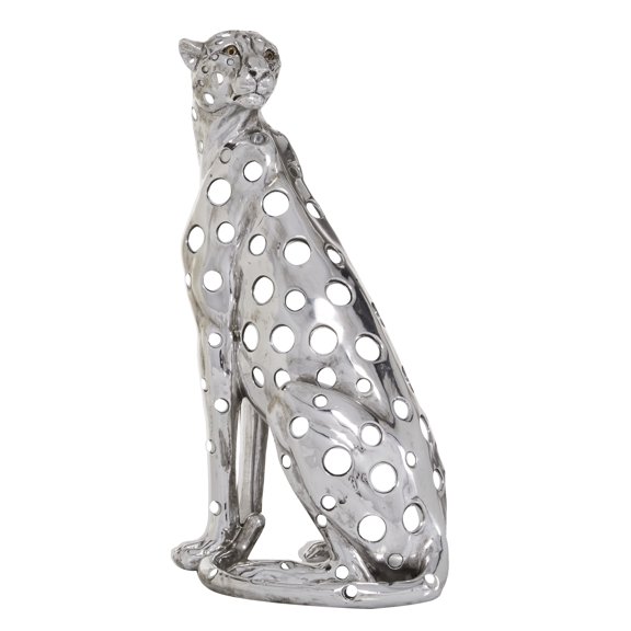 7" x 16" Silver Polystone Leopard Sculpture, by DecMode