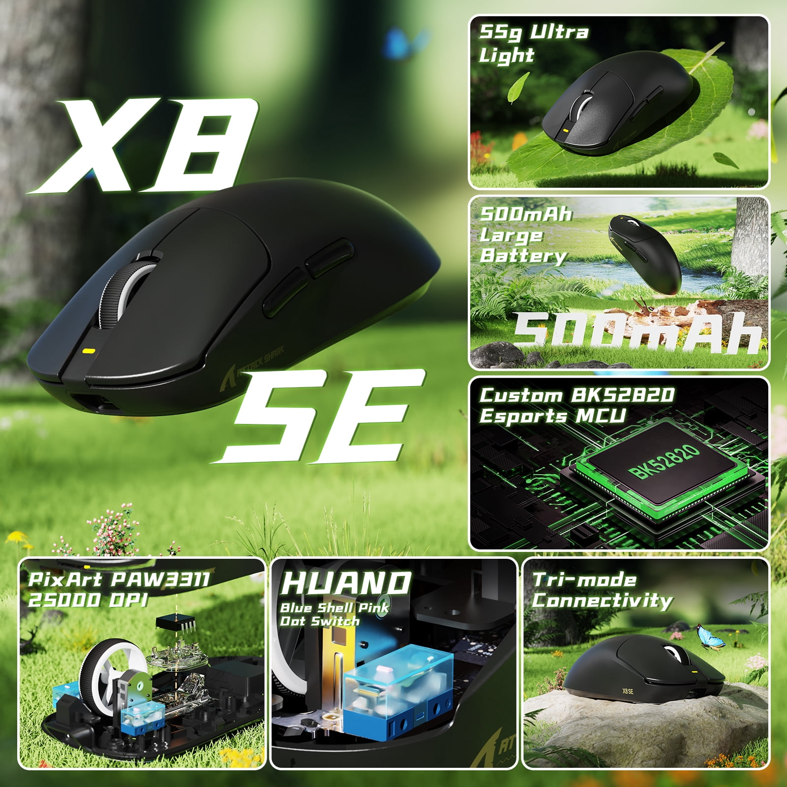 ATTACK SHARK X8SE Mouse for Large Hand, 55g SUPERLIGHT, PixArt PAW3311 Gaming Sensor, BT/2.4G Wireless/Wired, Adjustable DPI up to 25000, 500mAh Battery (Black)