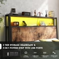 thumbnail image 4 of DRNANLIT Queen Size Bed Frame with 2-Tier Solid Wood Headboard Storage with Charging Station,Metal Platform Bed with 12 Color LED Lights, Noise Free, No Box Spring Needed Remote Control/Vintage Brown, 4 of 9
