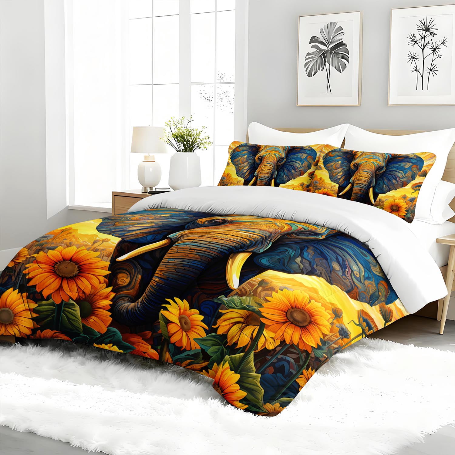 3pcs Artistic Elephant Comforter Set, Vibrant African Wildlife Bedding Set for Bedroom or Guest Room Decor, All Seasons Quilt Machine Washable Duvet with 2 Pillowcases