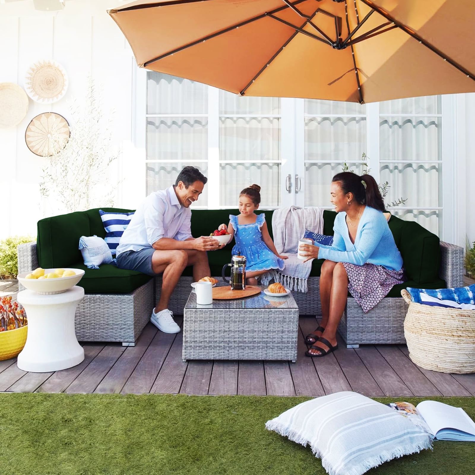 PUKNLY Outdoor Furniture Replacement Cushions, Fits 6-seat Sectional Rattan Conversation Set, 14 Piece Patio Water-Resistant Replacement Sofa Cushions, Liner&Cover（Dark Green）