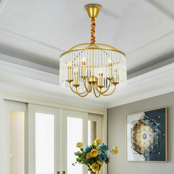 Fichiouy Modern 6-Head Ceiling Light Indoor Gold Chandelier Round Pendant Lamp with Remote Control