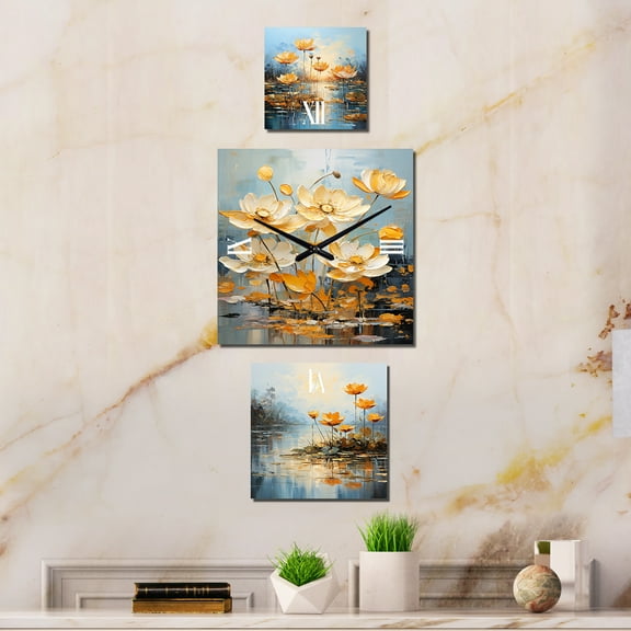 Designart "Tranquil Golden Pond of Lotus" Lotus Oversized Wall Clock - Set Of 3 - Extra large Clock For Office Décor - Large Modern Wall Clock