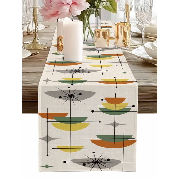 Table Runner Boho Mid Century Table Runners Sage Green Yellow Geometric Abstract Cotton Linen Dresser Scarf Kitchen Dining Table Decor for Home Dinner Party Decor 13x36 Inch