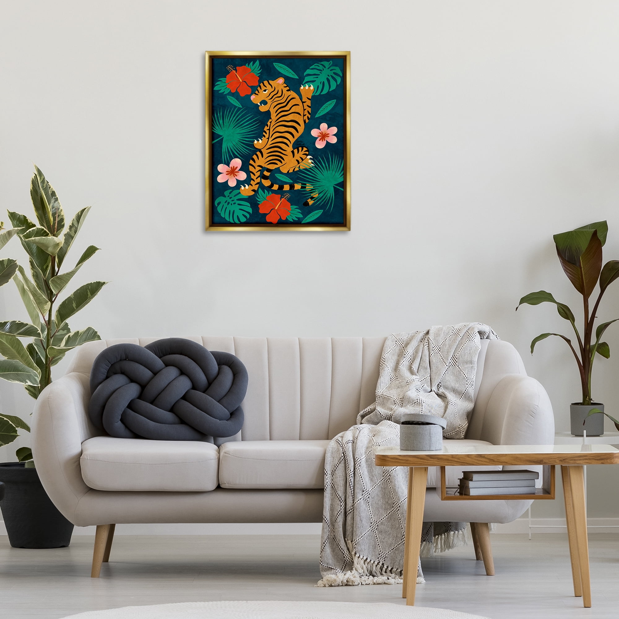 Stupell Industries Climbing Tiger Tropics Animals Painting Gold Floater Framed Canvas Art Print Wall Art, 25 x 31