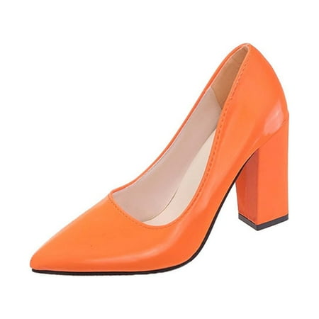 hopeusnice Deals Womens Heeled Pumps Classic Pointed Toe Chunky High Heels Work Shoes Dress Pumps Comfortable Wedding Evening Party Shoes Orange 38