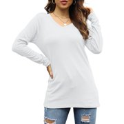 TEMOFON Women Long Sleeve v neck Shirts Comfy tunic top fall Solid Color Tops Casual Basic Tunic Loose Fall Blouse White Tee