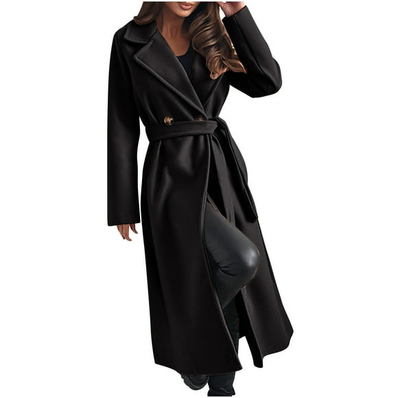 UPPADA Long Coat for Women Winter Overcoat Solid Belted Overcoat Solid Turndown Collar Button Down Peacoat Long Sleeve Elegant Slim Long Peacoat Outerwear Black,M