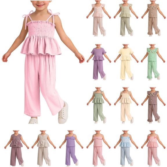 Bovxnpu Girls Summer Clothing Sets Striped Sleeveless V-neck Kids Breathable Casual Top and Pants Outfit Set