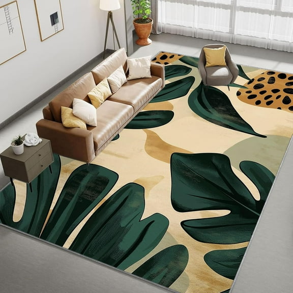 Living Room Area Rugs, Vintage Plant Art Leaves Printed Design Carpet, Multicolor Washable Rectangle Rug, Soft Short Pile Carpet For Bedroom Dining Room Non-Slip Rug