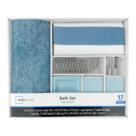 Mainstays 17-Piece Bathroom Set, Blue Stripe