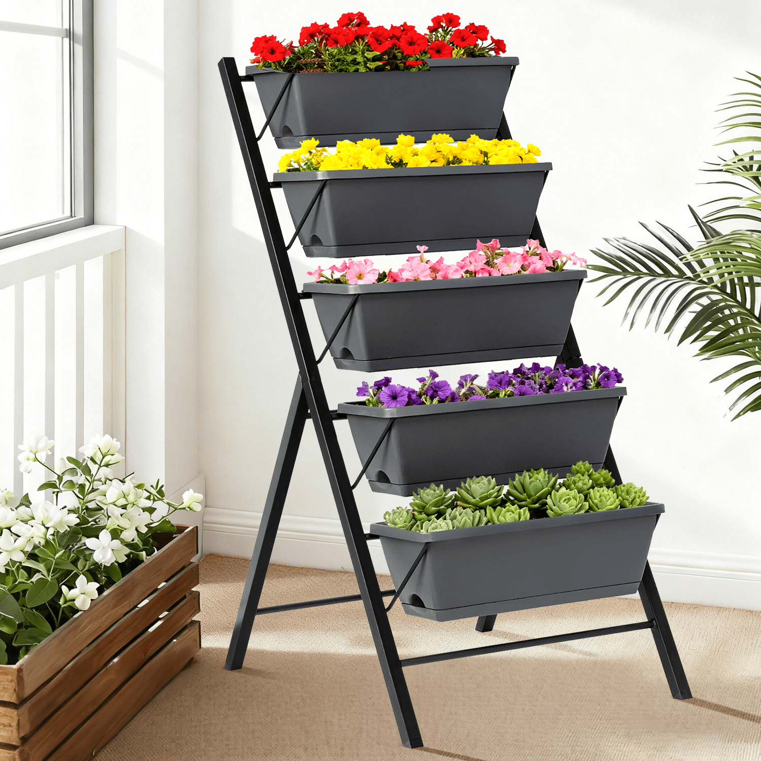 Hoofun 5 Tier Vertical Raised Garden Bed Planter, Freestanding Elevated PP Container Boxes, 1 Pack, 22.5 x 27 x 45 in