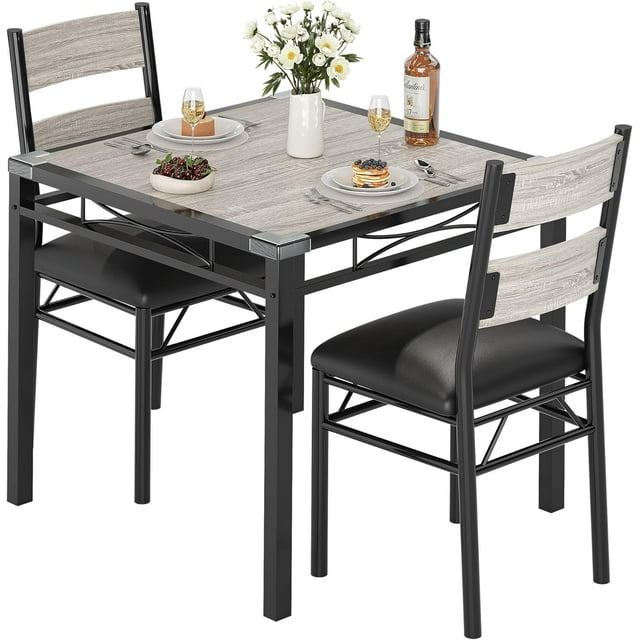 Compact 2-Person Dining Set, Table & 2 Upholstered Chairs - Space-Saving for Small Kitchens, Apartments & Breakfast Nooks, Grey
