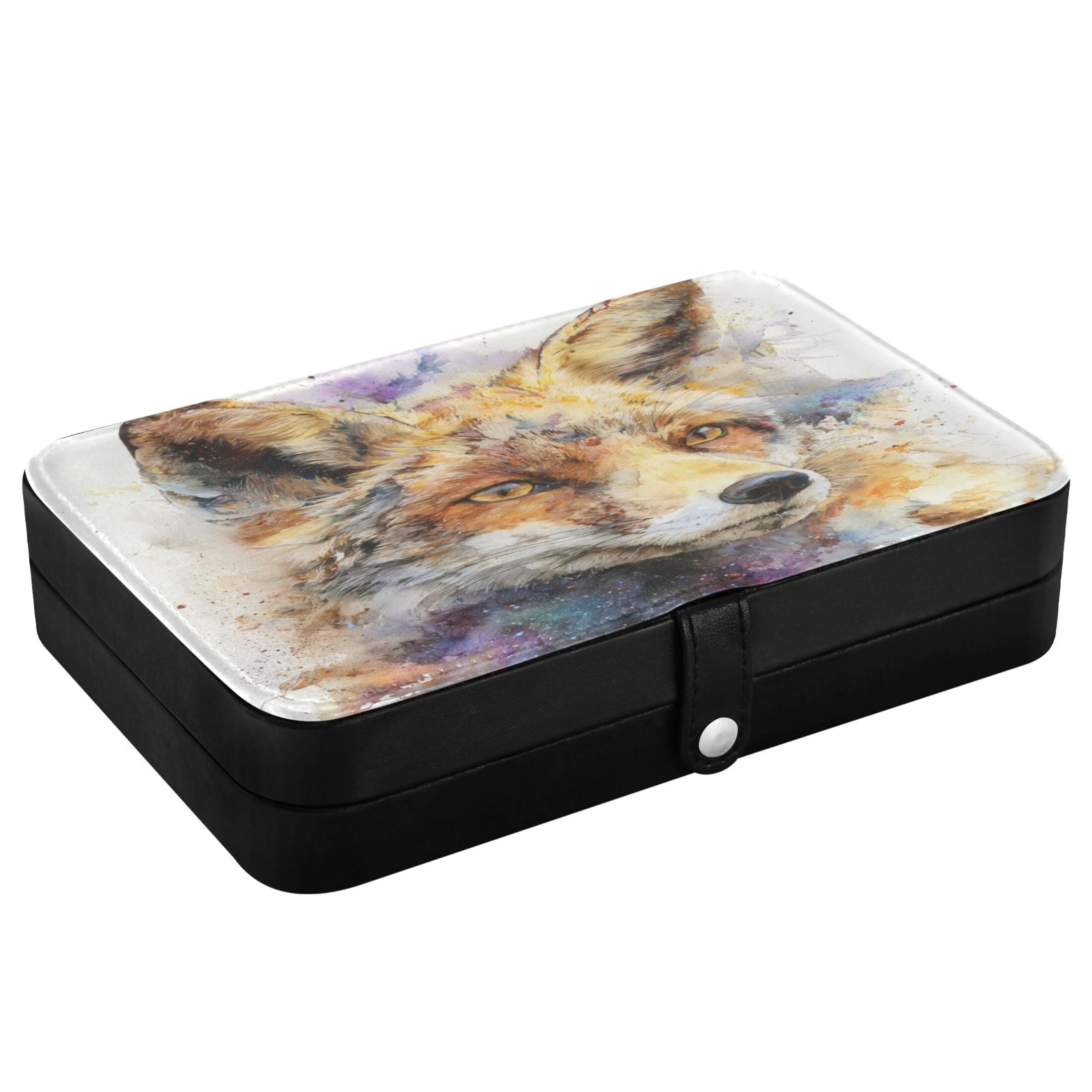 Leather Jewelry Box Rectangular 8.27x5.5x1.78In Travel Jewelry Storage Earrings Necklace Bracelet Watch Brooch Storage Watercolor Fox