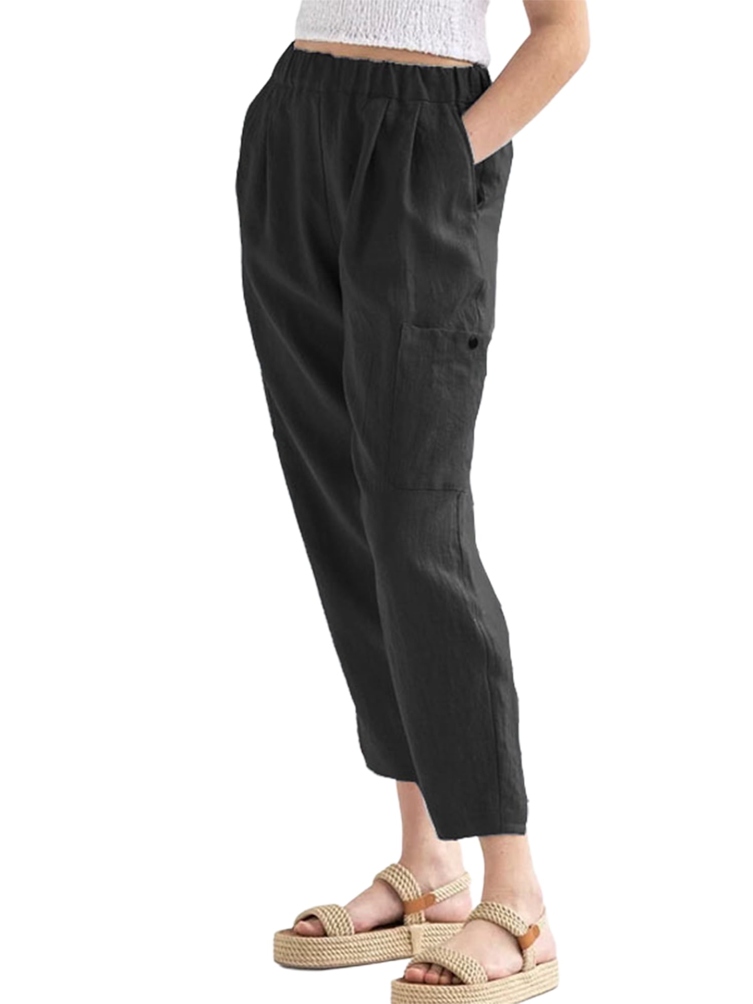 Frontwalk Women Linen Capris Pants Casual High Waist Summer Ankle Pants