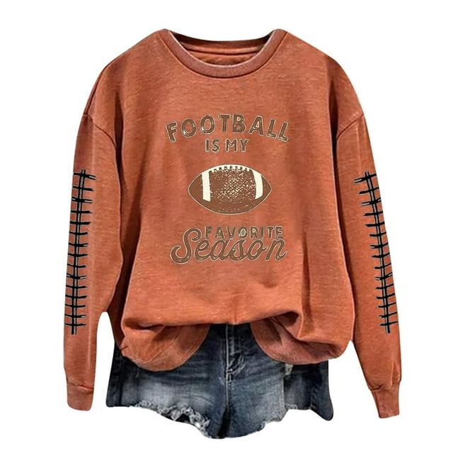 awzxde Chandails pour Femmes Décontractés Légers Col Rond Chandails Manches Longues Graphique de Football Imprimé Chandail Chandails Haut Blouse Café,S