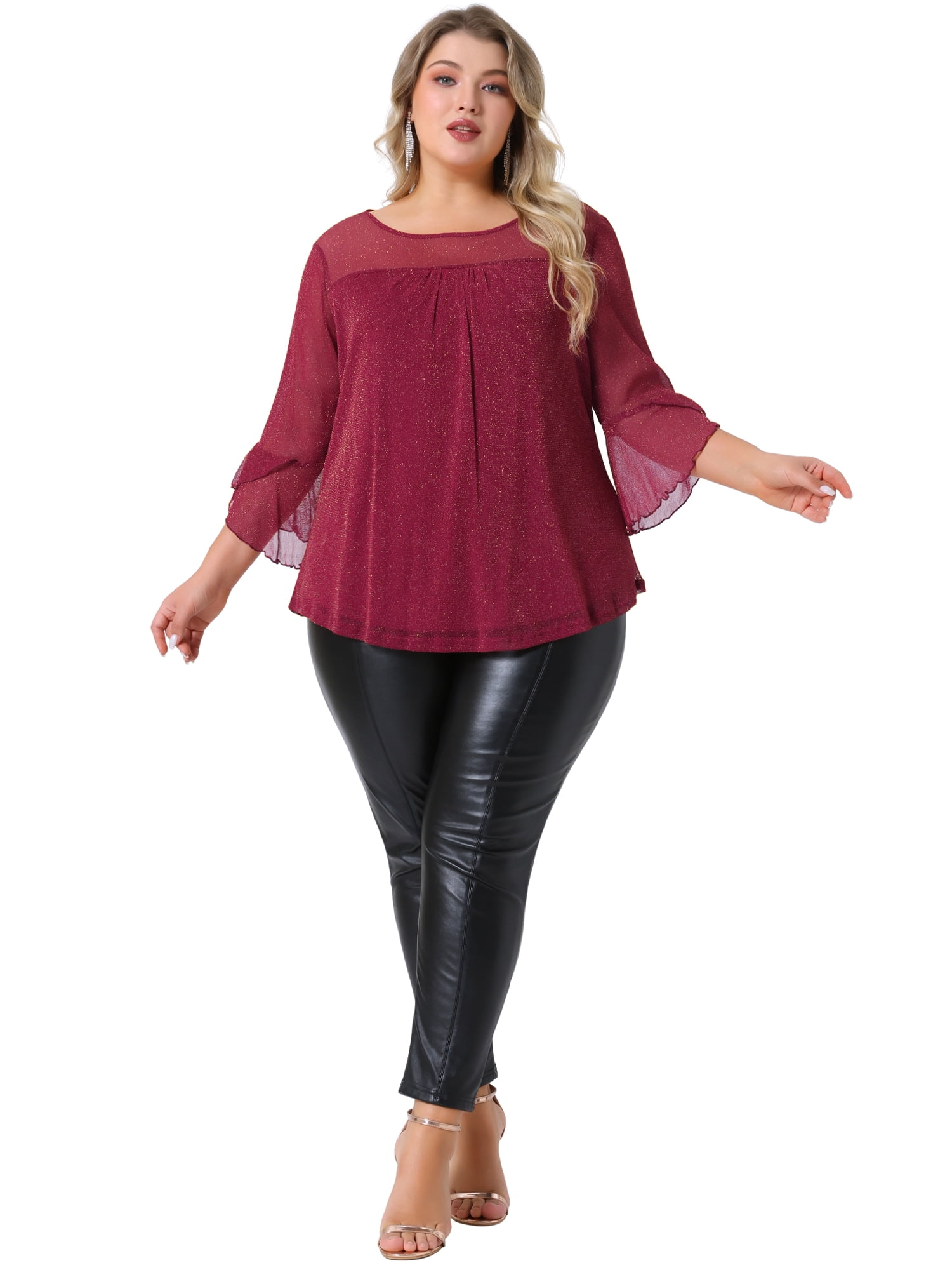 DARING DIVA Women's Plus Ruffle 3/4 Sleeve Elegant Crew Neck Blouse 2X Red