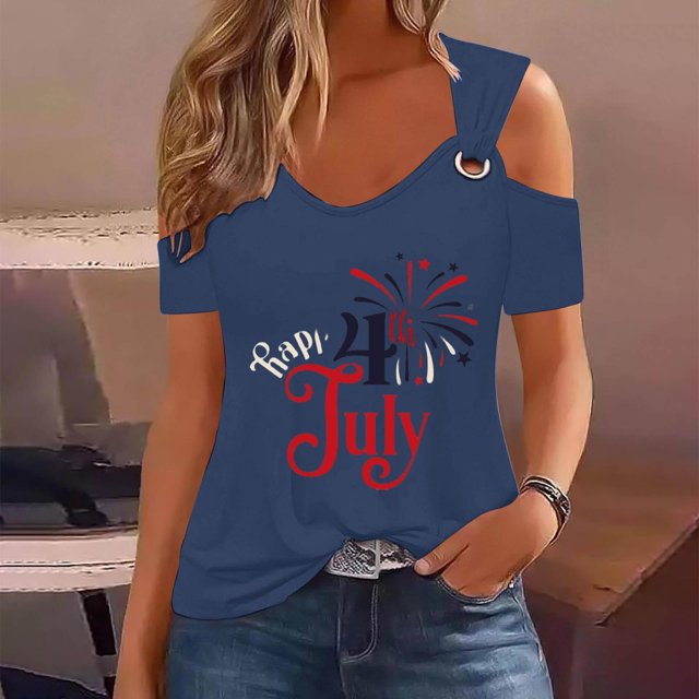 Fiudx Liquidación de Ofertas Flash Top de Manga Corta con Cuello En V y Hombros Descubiertos Sexy para El Día de La Independencia para Mujer