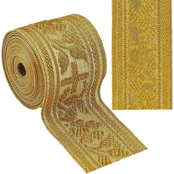 4.6~5 Yards Ethnic Style Polyester Jacquard Ribbon for Sewing Decoration Goldenrod Color Cross 1-1/2 inch(39mm)