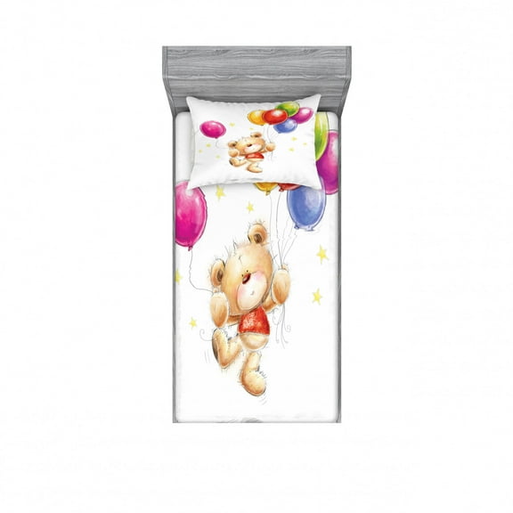 Ambesonne Colorful Fitted Sheet & Pillow Sham Set, Teddy Bear with Baloon, Twin, Multicolor