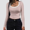 thumbnail image 2 of Tiweut Women Casual Tshirts Off the Shoulder Striped Slim Fit Long Sleeve Square Neck Sexy Lady Tees Pink,S, 2 of 6
