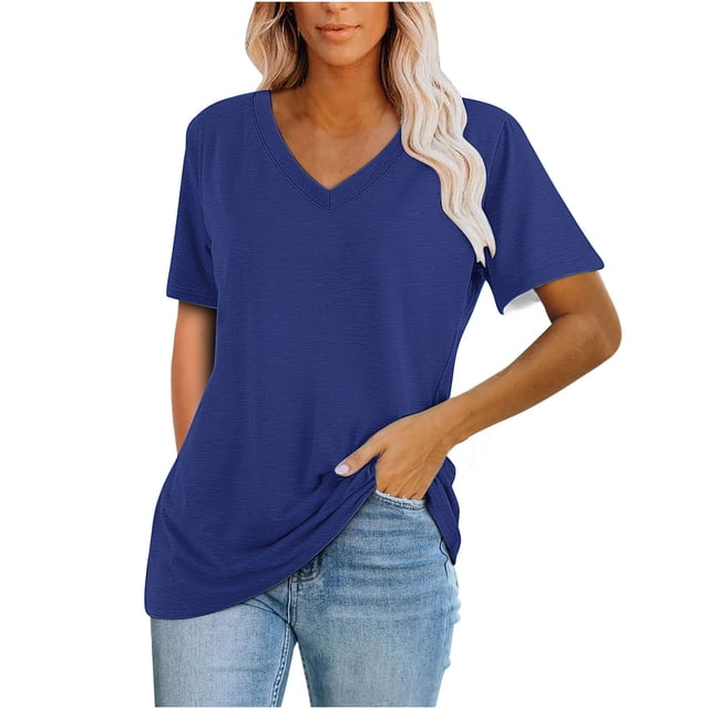 Timegard Womens Summer Tops Short Sleeve V-Neck Solid Color Comfy Basic Tee Casual Loose Shirts Tops Blouse