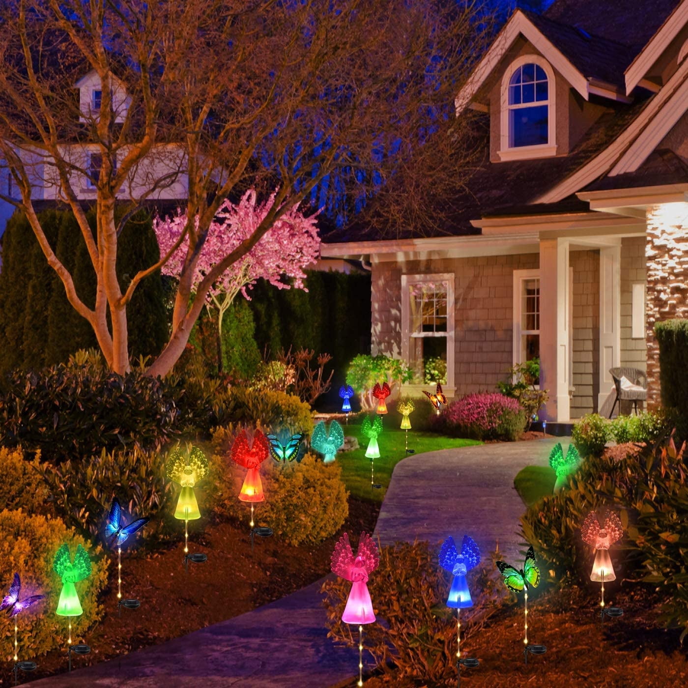 TiokMc Solar Angel Stake Lights with Fiber Optic Wings, Color-Changing LED Outdoor Pathway Garden Yard Lawn Decorations, Waterproof Solar Powered Lights (4 Pack)