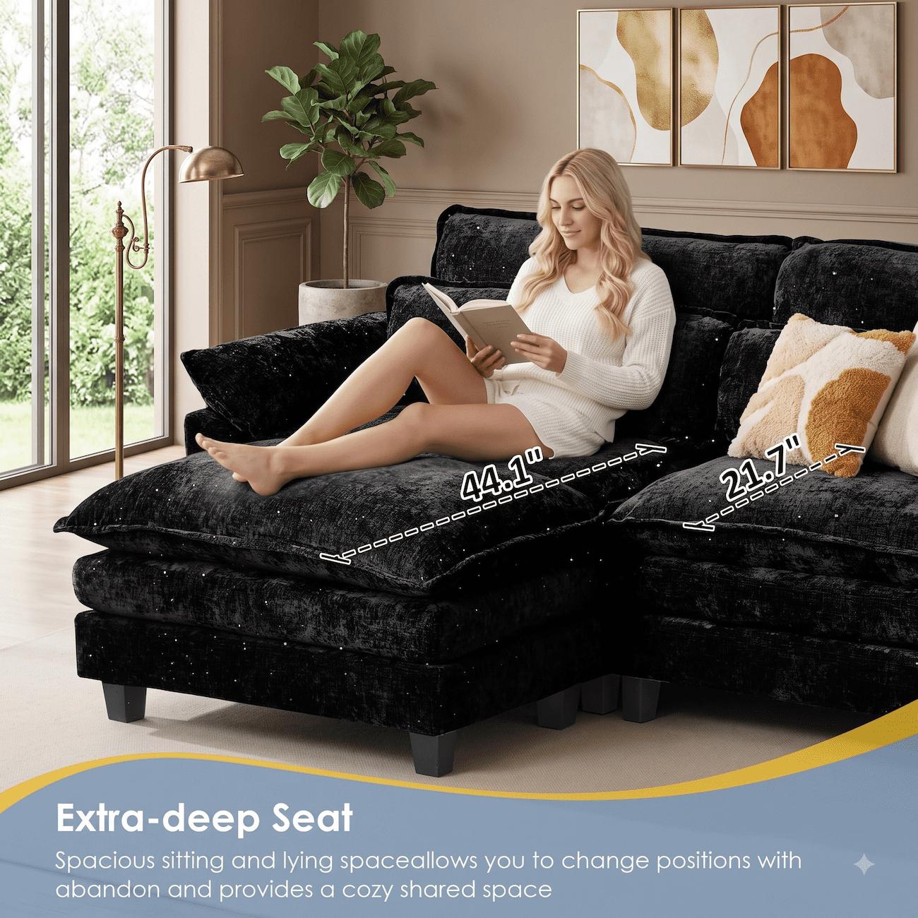 148" Convertible Cloud Sectional Sofa, Modern Chenille L Shaped Couch with Reversible Chaise, Deep Seat 5 Seat Sectional Sofa with Pillows, Comfy Upholstered Couch for Living Room Apartment (Black)