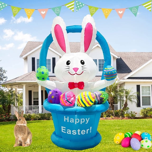 Inflatable Easter Bunny Blow Up Yard Decorations 6FT Outdoor Rabbit with Egg Basket Cute Giant Tall Built-in LED Lights for Indoor Outside Holiday Party Yard Garden Lawn