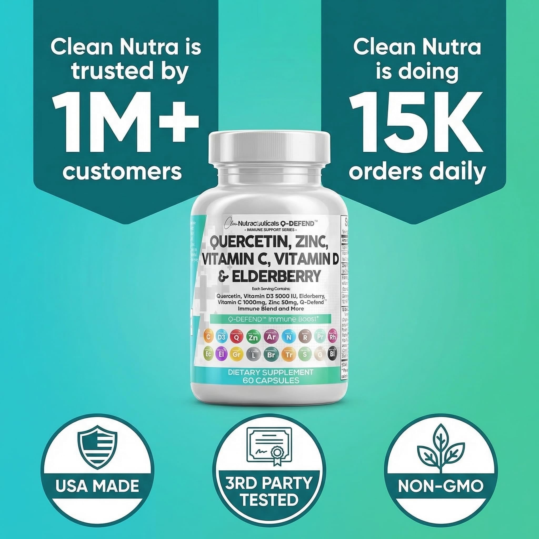 Q Defend Quercetin Supplement with Zinc Vitamin C Vitamin D Elderberry Turmeric Black Pepper Garlic Ginger Sea Moss Lysine Stinging Nettle Reishi Mushroom Immune Support 60 Capsules by Clean Nutra