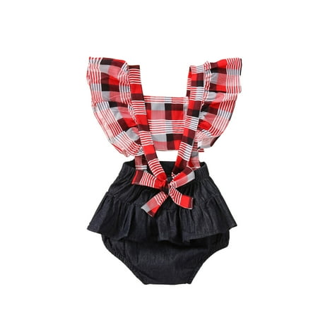 

Calsunbaby Infant Baby Girls Romper Plaids Denim Patchwork Ruffle Short Sleeve Backless Jumpsuit Clothes